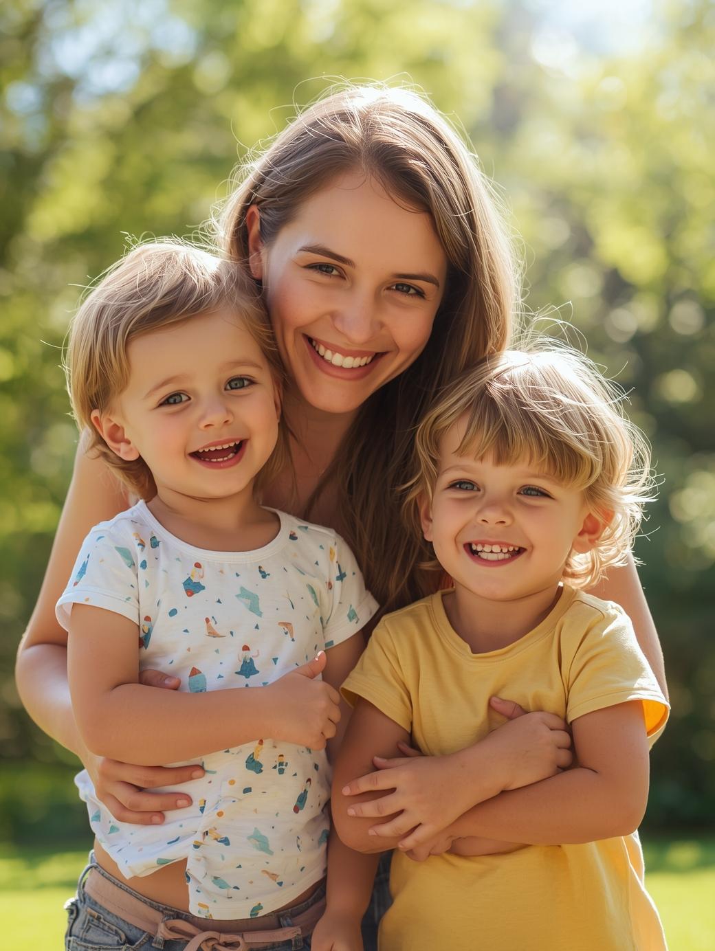 me ajude a criar uma imagem de uma mãe com dois filhos de 8 e 3 anos, brincando felizes, realista